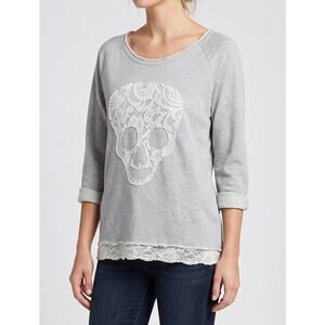 Chelsea & Violet Lace Skull Detail Top Sweatshirt Gray Small Cotton